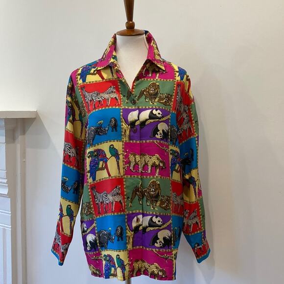 Vintage Womens Top Silk Medium Animal Lover Womens Button down 90s Shirt Medium - Picture 11 of 17